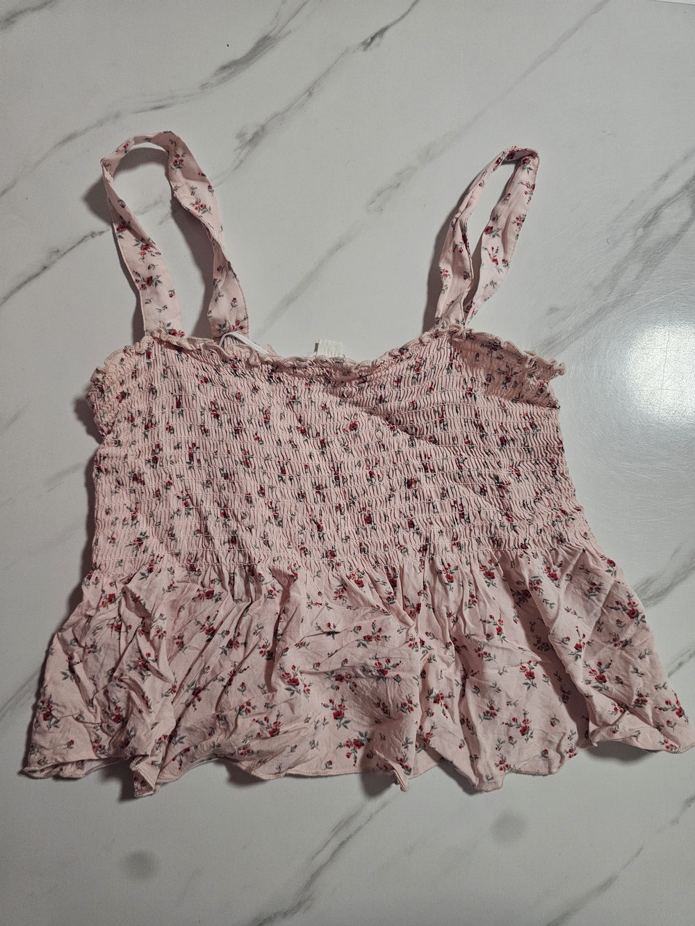 Garage Pink Floral Smocked Ruffle Strap Crop Top Size L